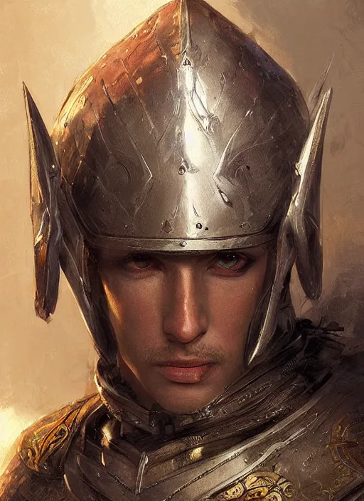 Image similar to portrait of an elf wearing medieval armour, male, detailed face, fantasy, highly detailed, cinematic lighting, digital art painting by greg rutkowski