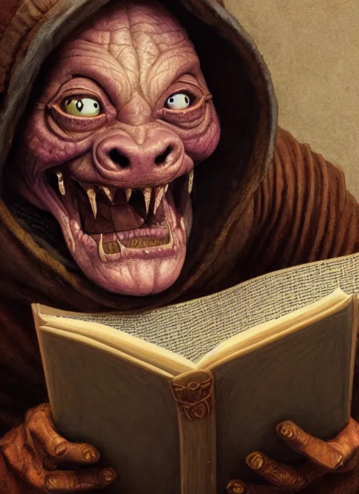 Image similar to highly detailed closeup portrait of a medieval goblin reading a spellbook, stephen bliss, unreal engine, greg rutkowski, ilya kuvshinov, ross draws, hyung tae and frank frazetta, tom bagshaw, tom whalen, nicoletta ceccoli, mark ryden, earl norem, global illumination, god rays, detailed and intricate environment