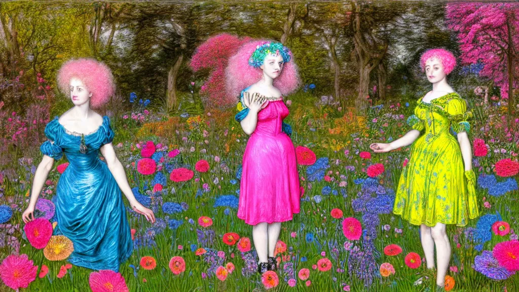 Image similar to photo-realistic portrait of two young women with neon pink hair, wearing a neon blue dress by Vivienne Westwood, standing in a garden full of psychedelic flowers, intricate details, in the style of John Everett Millais, black background