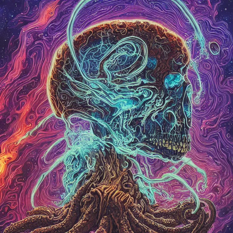 Image similar to a giant skull with deep and intricate rune carvings and glowing eyes with thick lovecraftian tentacles emerging from a space nebula by dan mumford, twirling smoke trail, a twisting vortex of dying galaxies, digital art, photorealistic, vivid colors, highly detailed, intricate