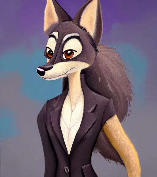 Image similar to oil painting of anthromorphic female wolf, in style of zootopia, zootopia, zootopia, fursona, furry, furaffinity, 4 k, deviantart, furry art, fursona art, wearing black business suit, business suit, in style of zootopia, wolf fursona, cyberpunk, female, expressive detailed feminine face,