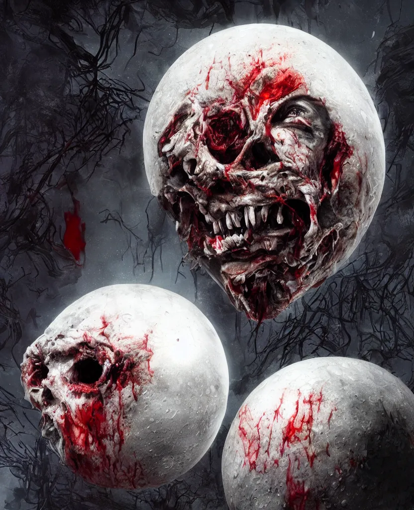 Image similar to moon sphere made from thousands of rotten demonic bloody corpses of Nicolas Cage, body horror, flesh, blood, grotesque hell, highly detailed, vivid colors, dark shadows, contrast, concept art, sharp focus, digital art, Hyper-realistic, 4K, Unreal Engine, Highly Detailed, Dramatic Lighting, Beautiful, by Brom, bastien lecouffe-deharme