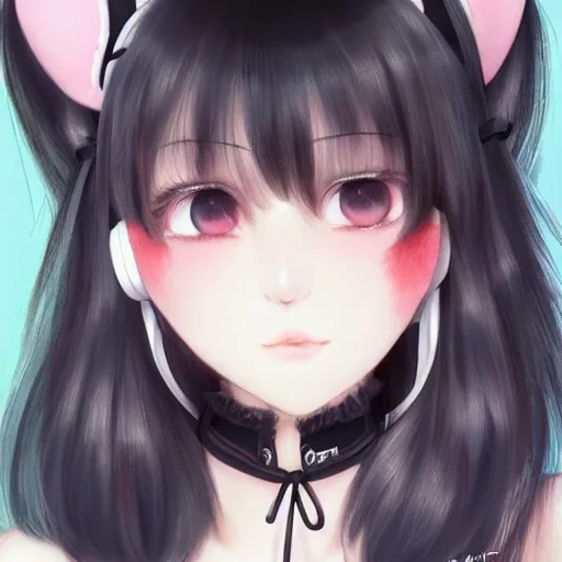 Image similar to realistic beautiful gorgeous buxom natural cute blushed shy girl Blackpink Lalisa Manoban black hair cute fur black cat ears, wearing white camisole, headphones, black leather choker artwork drawn full HD 4K highest quality in artstyle by professional artists WLOP, Taejune Kim, Guweiz on Pixiv Instagram Artstation