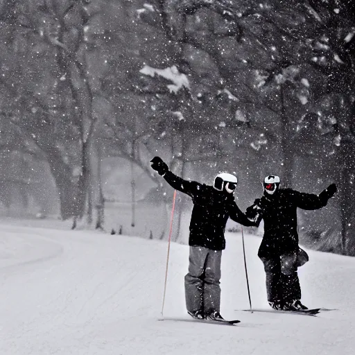 Image similar to happy couple skiing, snowfall, rococo