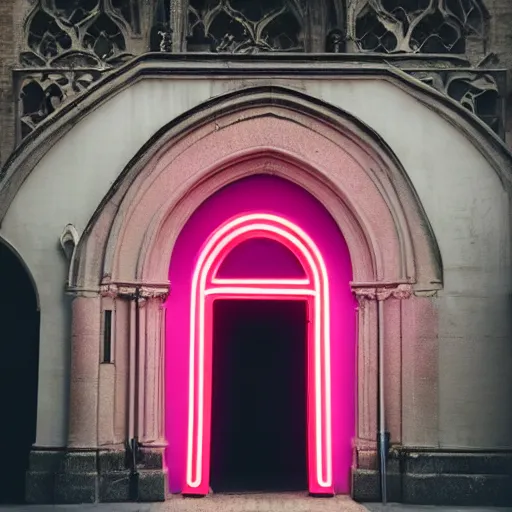 Prompt: A pink neon sign with rounded lowercase letters spelling ODOO above the front door of a cathedral