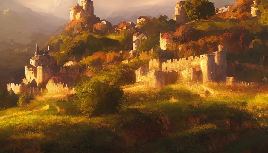 Image similar to a beautiful establishing shot of toussaint castle and vineyards, warm colors by greg rutkowski and kalin popov, trending on artstation, masterpiece,