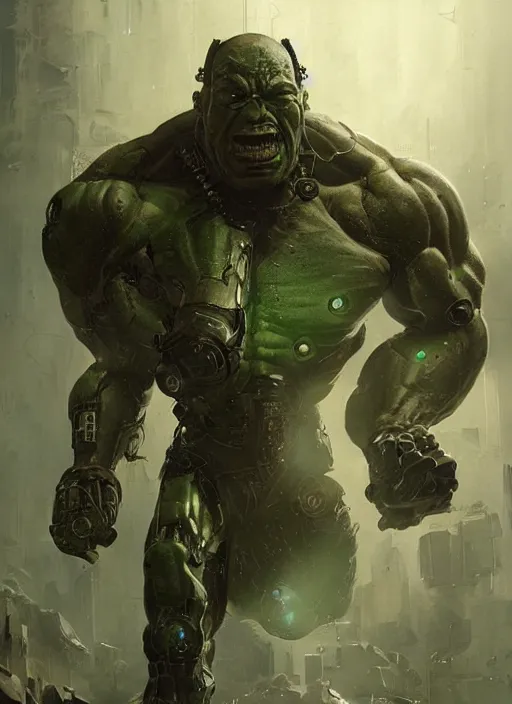 Image similar to cyborg!!! hulk, greg rutkowski, 8 k, shallow depth of field, intricate detail, concept art,