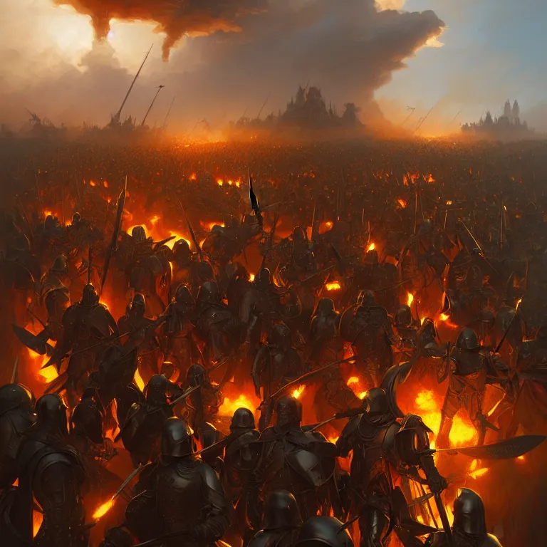 Prompt: battle field of a medieval war between golden soldiers and black red iron soldiers, dramatic lighting, intricate, wild, highly detailed, digital painting, artstation, concept art, smooth, sharp focus, illustration, art by artgerm and greg rutkowski and alphonse mucha