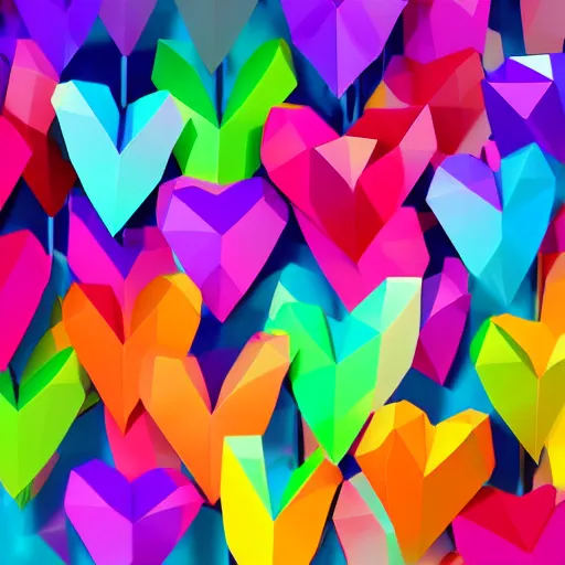 Prompt: ! dream very colorful low poly hearts, background photo,