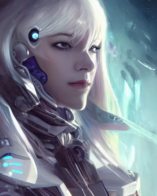 Image similar to beautiful android girl on a mothership, warframe armor, pretty face, scifi, futuristic, galaxy, raytracing, dreamy, perfect, digital painting, long white hair, blue cyborg eyes, sharp focus, intricate, highly detailed, artstation, intricate, innocent, art by gauthier leblanc, kazuya takahashi, huifeng huang