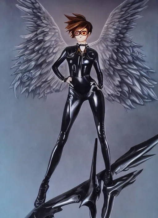 Image similar to full body artwork of tracer overwatch, wearing black latex outfit, in style of zdzisław beksinski, angel wings, dramatic painting, wearing detailed steel collar, black shiny armor, chains, black harness, detailed face and eyes,