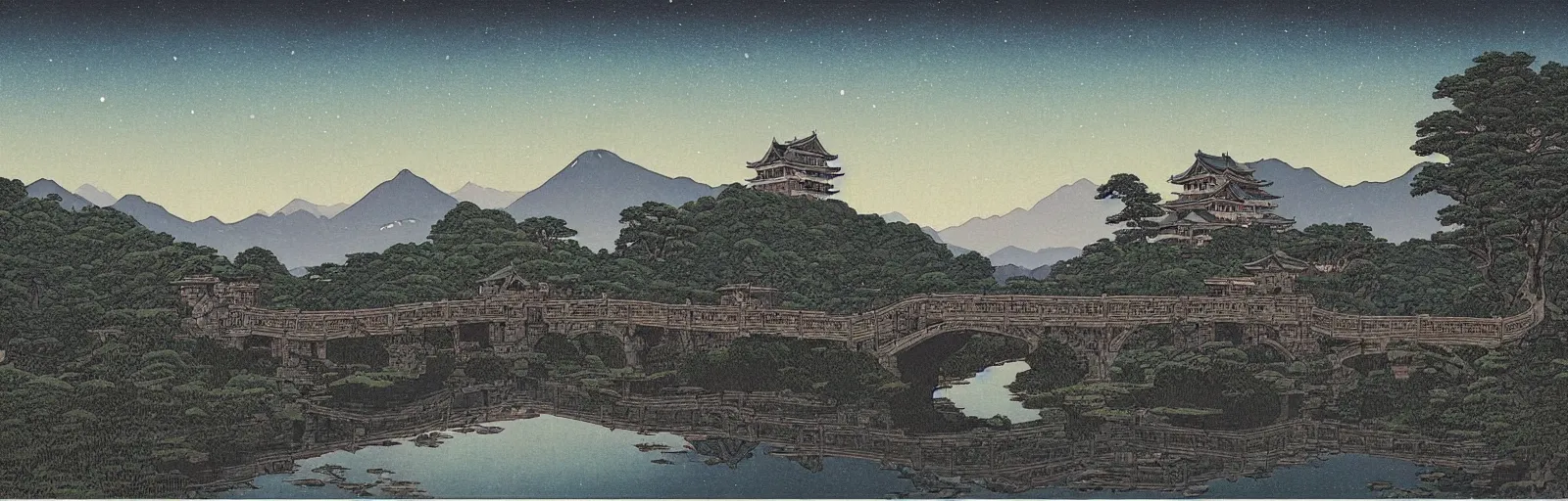 Image similar to landscape painting of multiple large interconnected castles,moat,bridge,mountains,digital art,night sky,by Paul Bril and Kawase Hasui masterpiece,high quality,pretty,fantasy,impossible