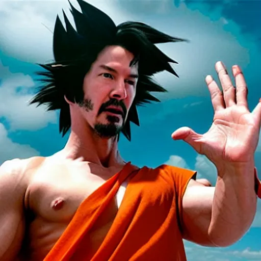 Image similar to keanu reeves portraying songoku in live action dragon ball movie