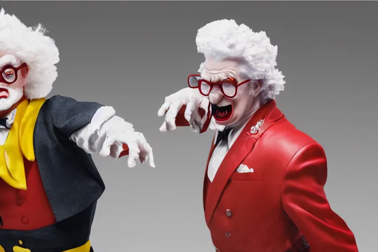 Image similar to ronald macdonald fighting colonel sanders, hyper real, 8 k, octane render, vivid, bright, photo realistic