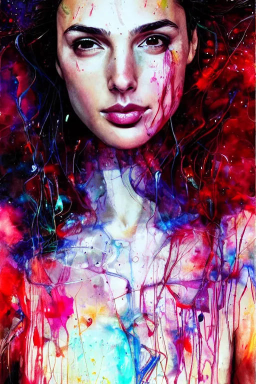 Image similar to gal gadot by agnes cecile enki bilal moebius, intricated details, view 3 / 4 back, full body portrait, extremely luminous bright design, pastel colours, drips, autumn lights
