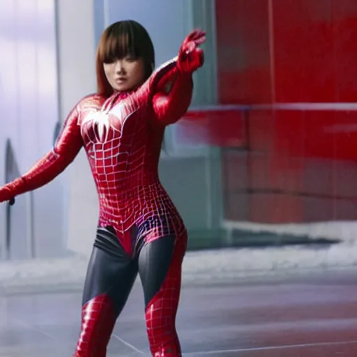 Prompt: Ayumi Hamasaki as spiderwoman , film still, best scene,