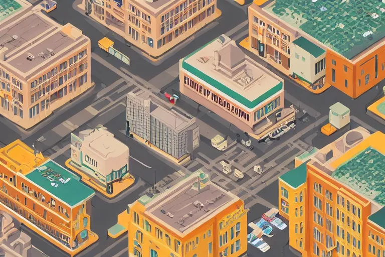 Prompt: isometric illustration of a city scape by Wes Anderson, hyperrealistic, photorealistic, artstyle, highly detailed, sharp