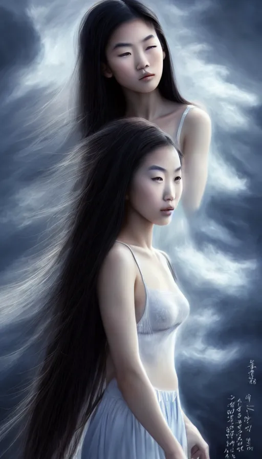 Prompt: photo of a gorgeous young asian girl , searching for eternity, made of clouds, duality in the style of stefan kostic, hyper realistic, sharp focus, 8k high definition, high fashion, vogue, insanely detailed, intricate, elegant, art by stanley lau and artgerm