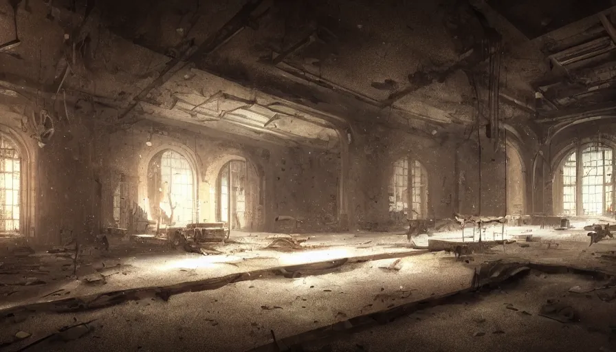 Prompt: Interior of a dusty abandoned museum illuminated by a flashlight, particles of dust, hyperdetailed, artstation, cgsociety, 8k