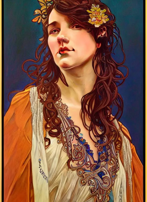 Prompt: oil portrait of singer - songwriter two feet, intricate, elegant, highly detailed, lighting, painting, artstation, smooth, illustration, art by greg rutowski and alphonse mucha