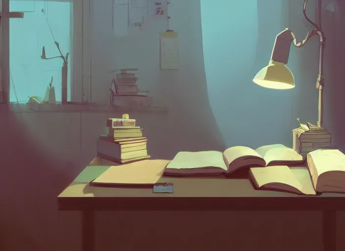 Image similar to books on working table at home, detailed, cory loftis, james gilleard, atey ghailan, makoto shinkai, goro fujita, studio ghibli, rim light, exquisite lighting, clear focus, very coherent, plain background, soft painting by ashley wood, dynamic lighting, gradient light blue, brown, blonde cream and white color scheme, grunge aesthetic