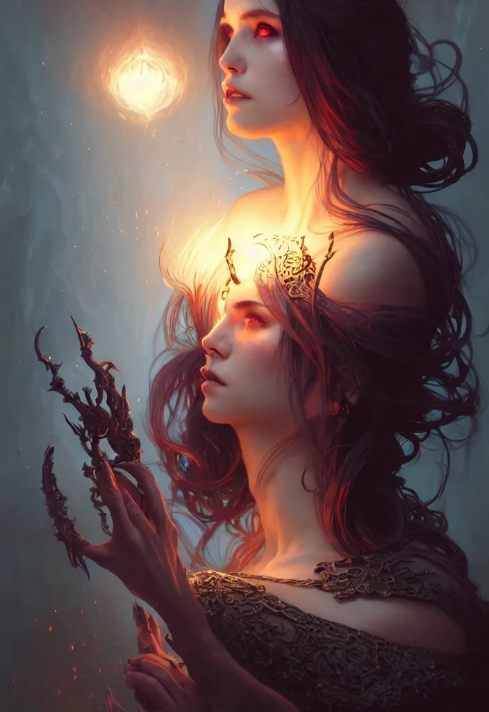 Image similar to Necromancer Sorceress, fantasy magic, undercut hairstyle, dark light night, intricate, elegant, sharp focus, illustration, highly detailed, digital painting, concept art, matte, art by WLOP and Artgerm and Greg Rutkowski and Alphonse Mucha, masterpiece