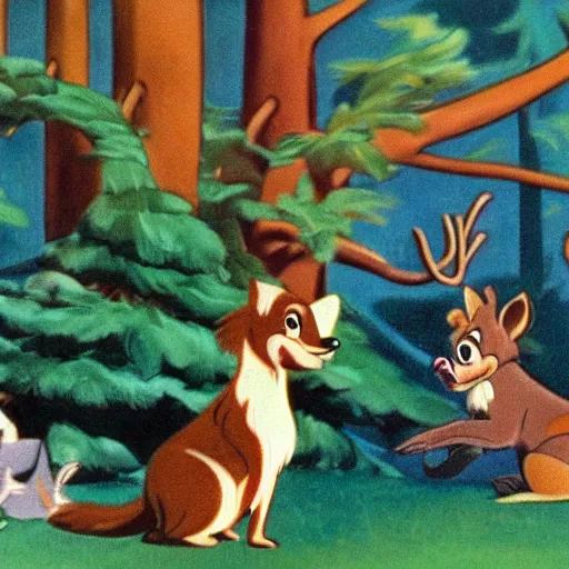 Image similar to 1940s disney film about talking forest animals super high detail