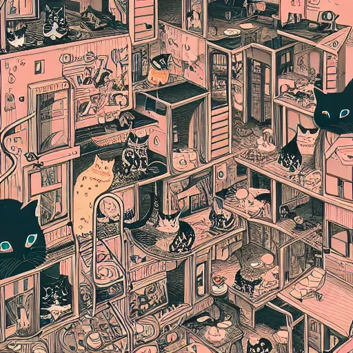 Image similar to crazy cat apartments, extremely detailed, sharp focus, wide view, full body shot, smooth, digital illustration, by james jean, by rossdraws, frank franzzeta, mcbess, sakimichan