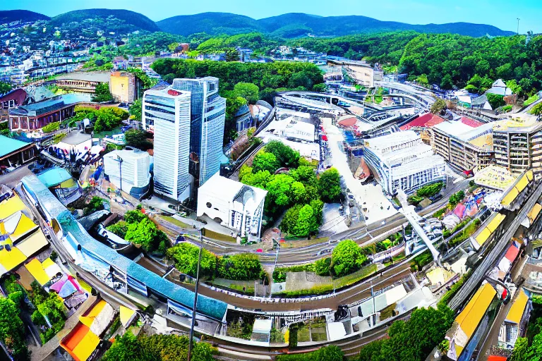 Image similar to bird's eye view photography of a small city. town hall, central farm, monorail station, beach and harbor. hills, woods and lake to the north.