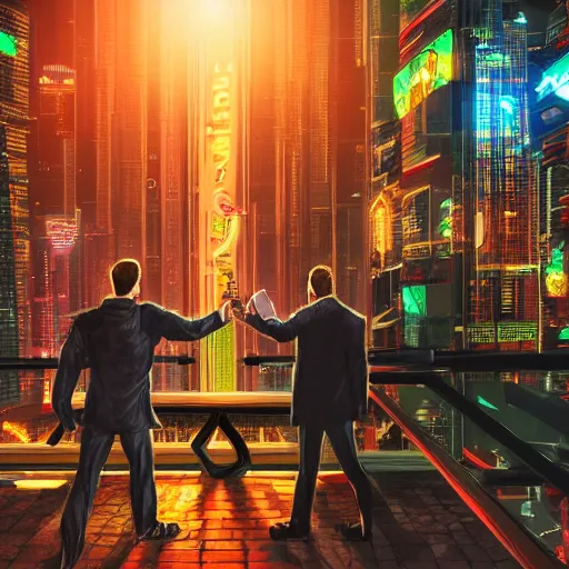 Image similar to two men toast at the end of the world in a cyberpunk city, realistic, high definition, 4K, shimmering color, symmetrical face, hyper detailed, art of invincible