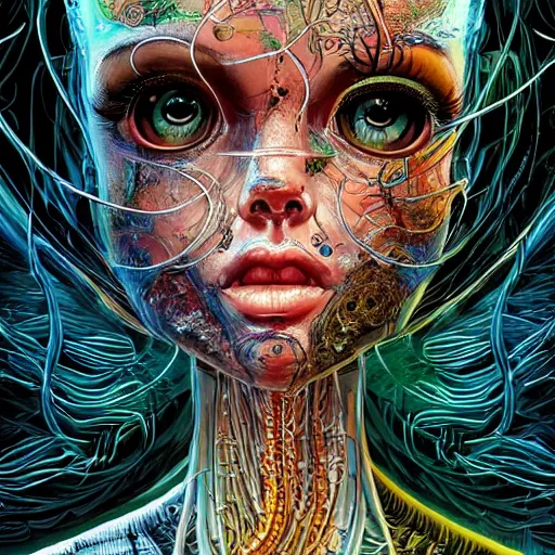 Image similar to beautiful bio punk woman_integrating_with_technology_full_face_insipiring_detailed_intricate_ornate_cables_connected_to_head_big_open_electric_eyes_ the_singulairty by android jones