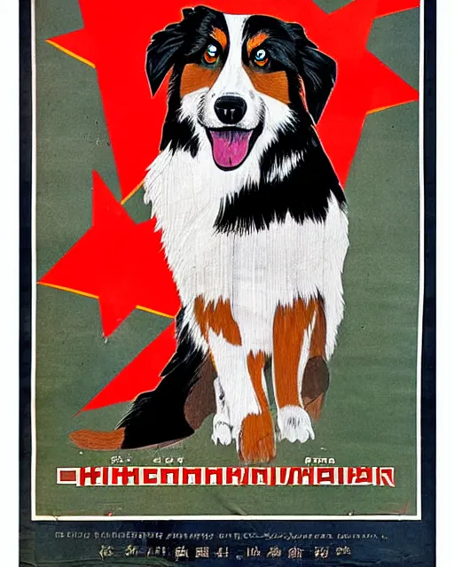 Image similar to communist propaganda poster of an australian shepherd soldier, communist china art