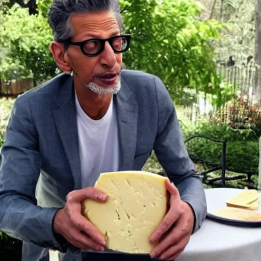 Prompt: jeff goldblum eating a large wheel of cheese,