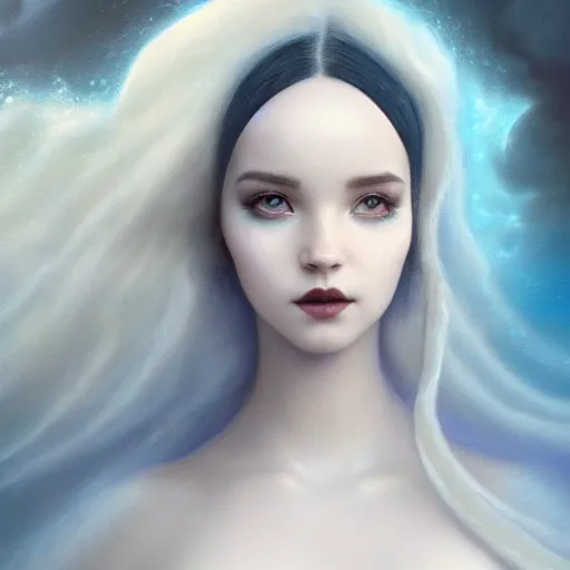 Image similar to tom bagshaw, ocean depths waves in lovecraftian world, beautiful asian mix of dove cameron madison beer bella poarch in a full dress, gothic makeup, professionally retouched, focus eyes, ultra realistic soft painting, insanely detailed linework, symmetrical accurate intricate features, behance, 8 k