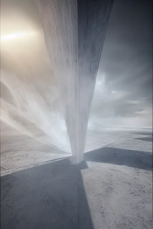Image similar to a portal to another dimension made of white smoke in the middle of a design lounge crossed by the rays of the setting sun, michal karcz