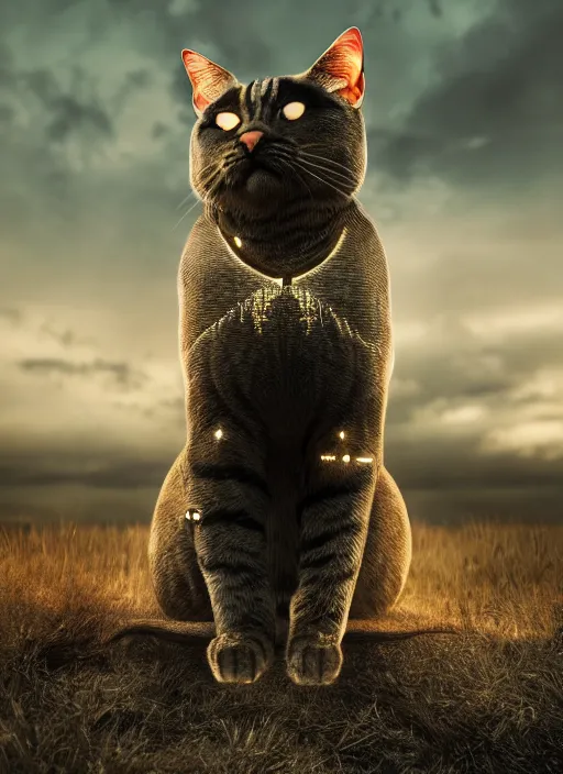 Image similar to giant cyborg cat on a dusky land, cinematic shot, intricate, ornate, photorealistic, ultra detailed, trending artstaition, realistic, 1 0 0 mm, photography, octane, high definition, depth of field, bokeh, 8 k