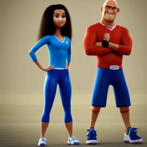 Prompt: young beautiful athletic Filipino woman with long hair standing beside a handsome caucasian athletic thin man with very short buzzed hair, balding, stubble on his face, blue eyes, depicted as adult Pixar characters, high quality cg render