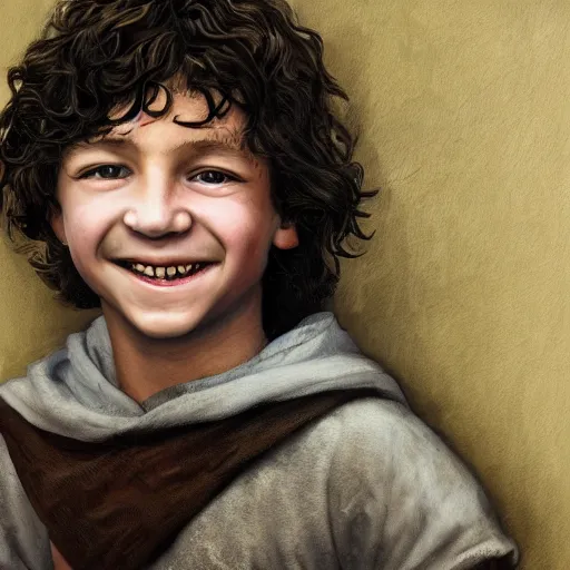 Prompt: a detailed portrait of a medieval ten year old boy smiling, he has short curly brown hair, brown eyes and white skin, fantasy art illustration, incredibly highly detailed and realistic, 8 k, sharp focus
