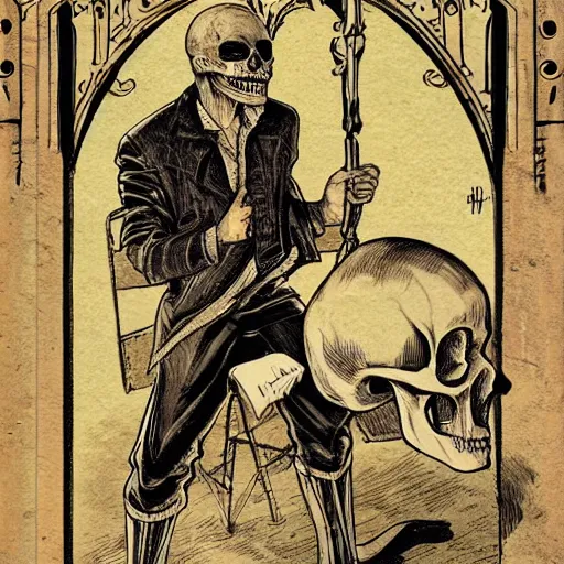 Image similar to a beautiful comic book illustration with a man in a skull head