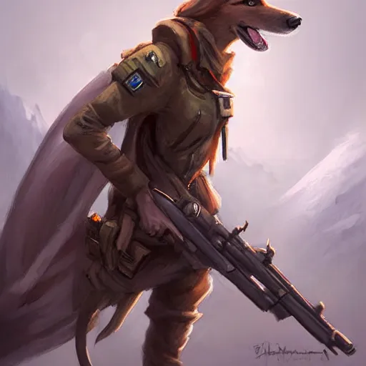 Prompt: anthropomorphic Borzoi wippet Sniper, Modern Sniper outfit, cute and adorable, pretty, beautiful, DnD character art portrait, matte fantasy painting, DeviantArt Artstation, by Jason Felix by Steve Argyle by Tyler Jacobson by Peter Mohrbacher, cinema