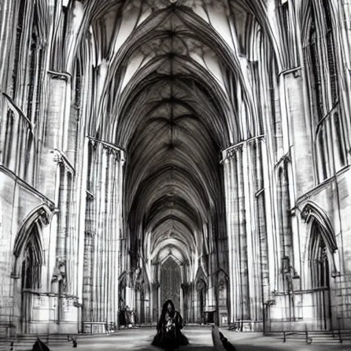 Image similar to a gothic cathedral, a gothic girl dressed