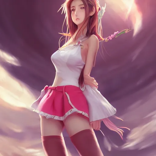 Image similar to full body shot of aerith gainsborough by WLOP, rossdraws, Logan Cure, Mingchen Shen, BangkuART, sakimichan, yan gisuka, JeonSeok Lee, zeronis, Chengwei Pan on artstation