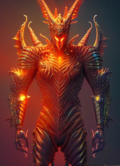 Image similar to muscular and tall ghostly fire humanoid dragon!!!! draconian!! intricate ornate iridescent heavy armor!! character concept art, sharp focus, octane render! unreal engine 5! highly rendered!! trending on artstation!! detailed linework!! illustration by artgerm, wlop, and chie yoshii