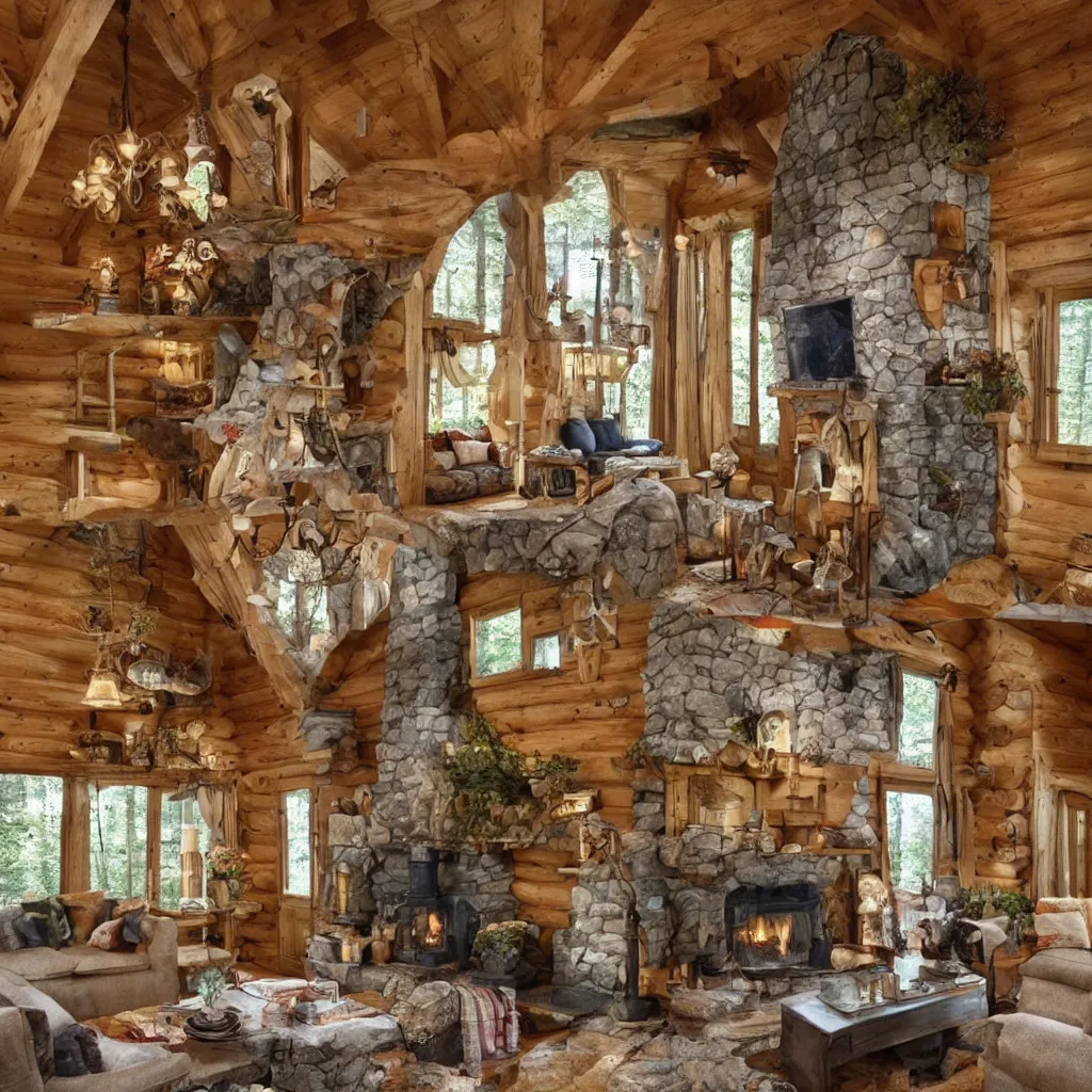 Image similar to a cozy cabin in the woods with a style inspired by fairy tale cottages