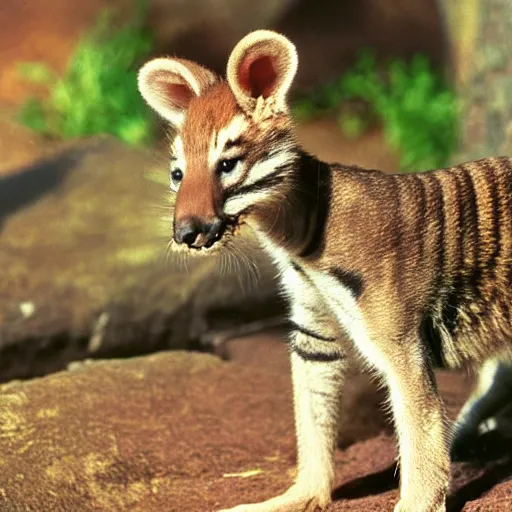 Prompt: baby Tasmanian tiger real photo in zoo