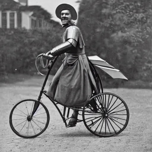 Image similar to a vintage photo of a knight in armor riding a pennyfarthing bicycle-H 768