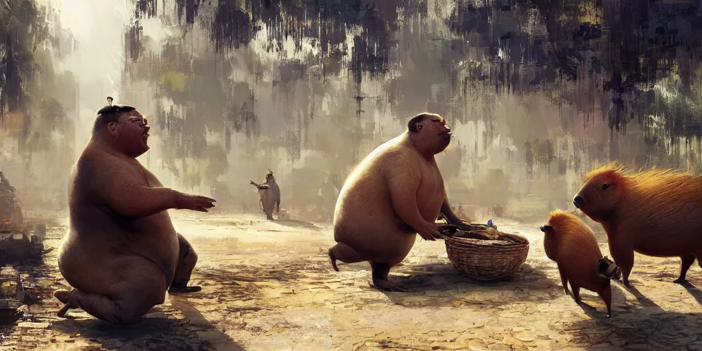 Prompt: TA fat Chinese man preparing a capybara for lunch, as if it were a pig , artwork by Craig Mullins,Movie poster, detailed, trending on artstation
