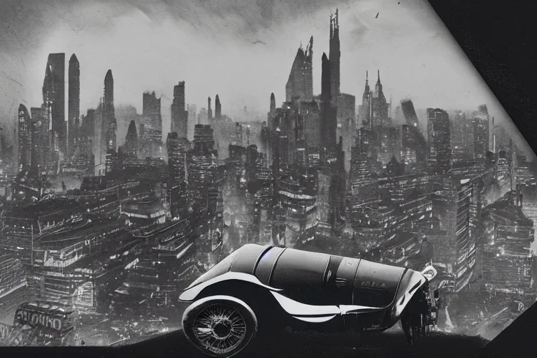 Image similar to cyberpunk 1 9 2 6 bugatti type 3 5 by paul lehr, metropolis, view over city, vintage film photo, damaged photo, scratched photo, scanned in, old photobook, silent movie, black and white photo