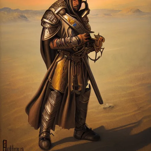 Image similar to a portrait of a paladin in the desert, stern face, D&D, digital painting by Gerald Brom, highly detailed