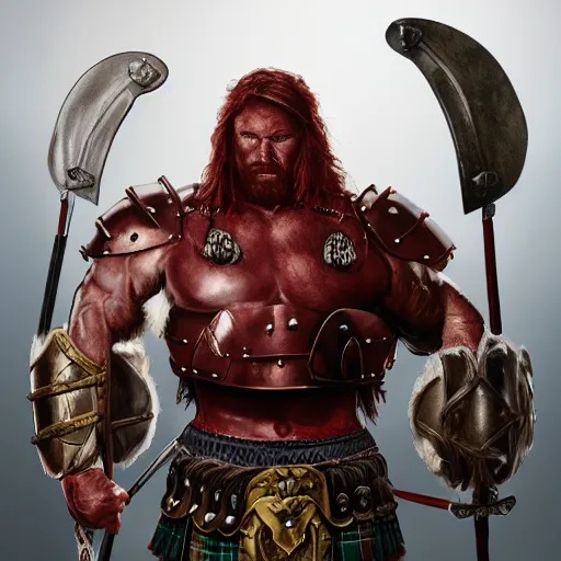 Image similar to bulky muscular scottish warrior with red hair and a kilt, tribal blood red war paintings on his chest, bronze plate armor, 4 k oil on linen by wlop, artgerm, andrei riabovitchev, nuri iyem, james gurney, james jean, greg rutkowski, highly detailed, soft lighting 8 k resolution